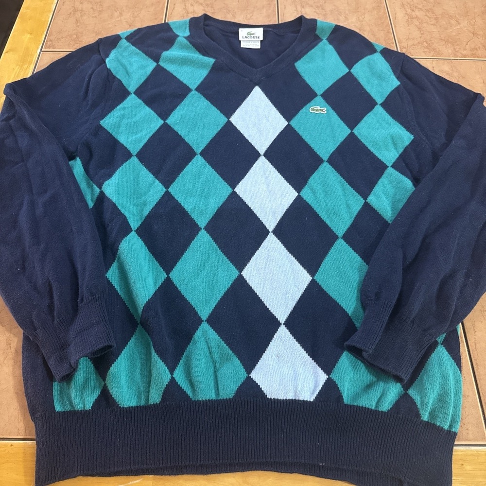 Lacoste Sweater Men's 6 XL Blue‎ Argyle Knitted 100% Cotton V-Neck Golf Pullover